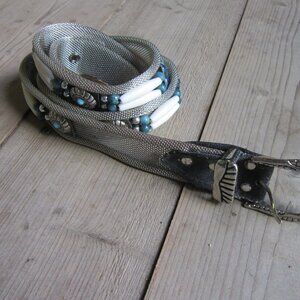 90s Silver Mesh Belt XL Indian Beaded Vintage Western Rodeo Cowgirl Turquoise